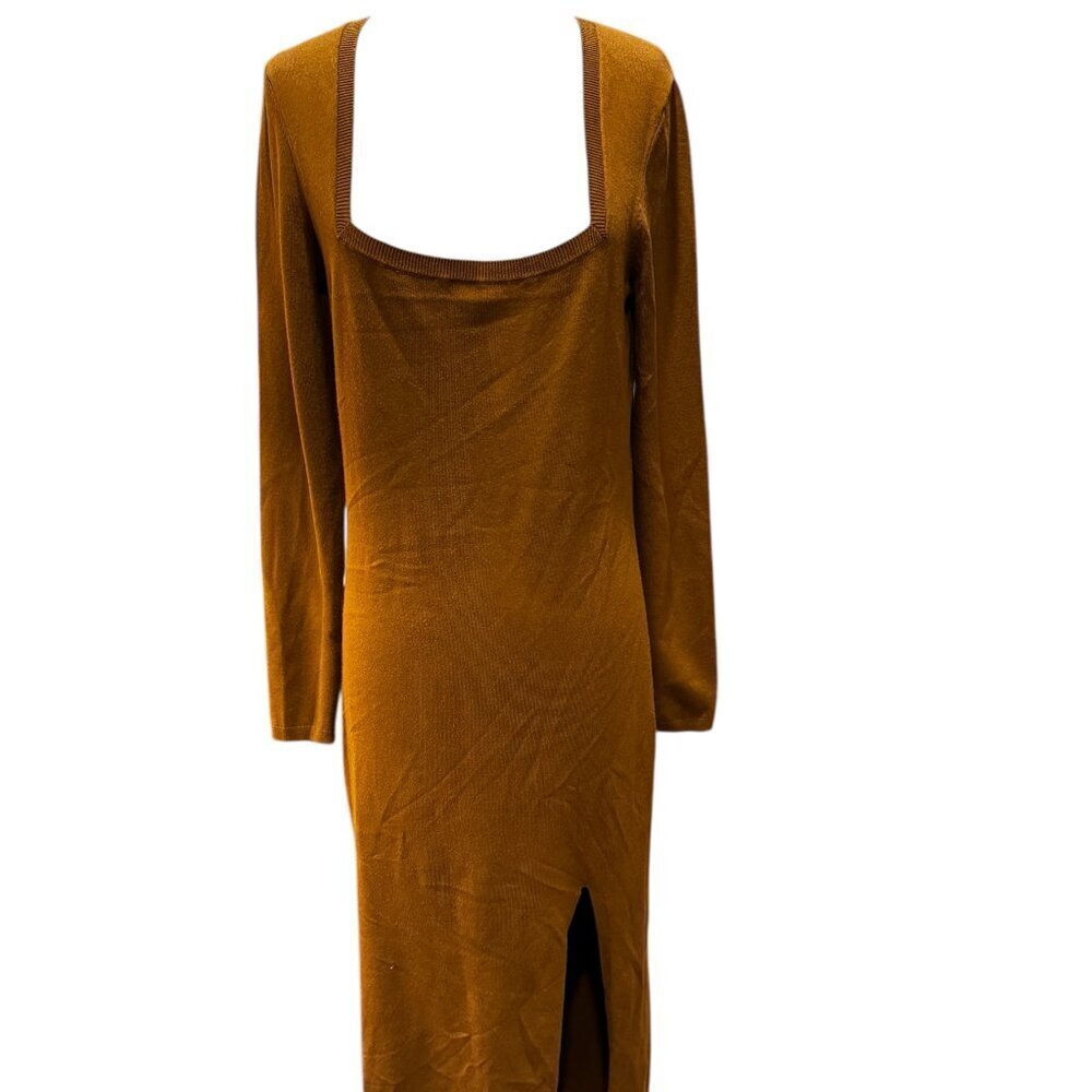 Open Edit Scoop Neck Long Sleeve Rib Sweater Dress Camel Brown Size Large